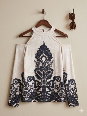 VENUS Cream Cold-Shoulder Long Sleeve Top with Black Baroque Print ha
